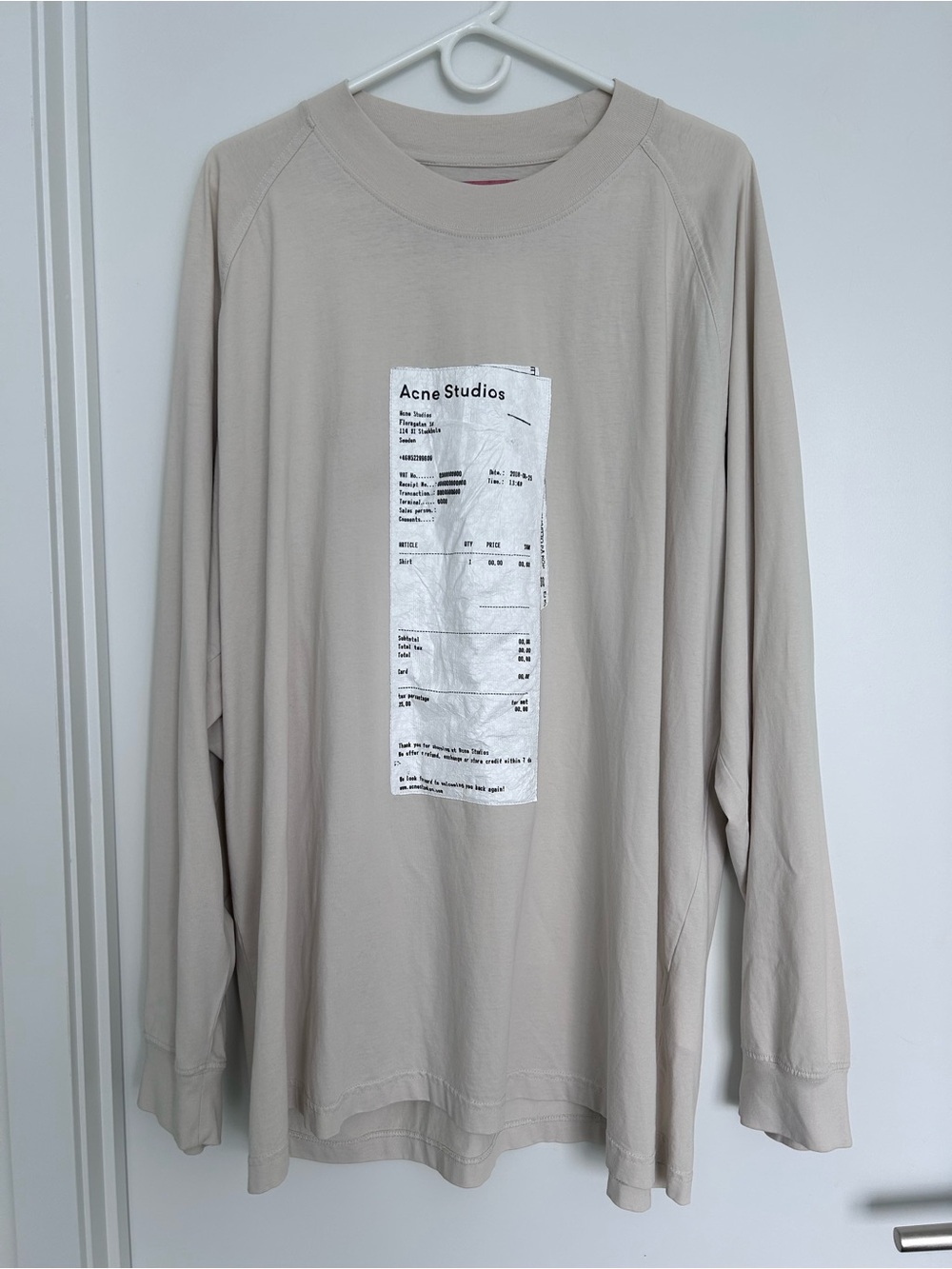 Acne Beige Tee with Printed Receipt Graphic